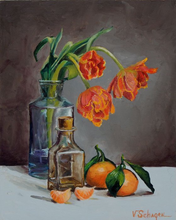 Tulips and mandarins. Still life