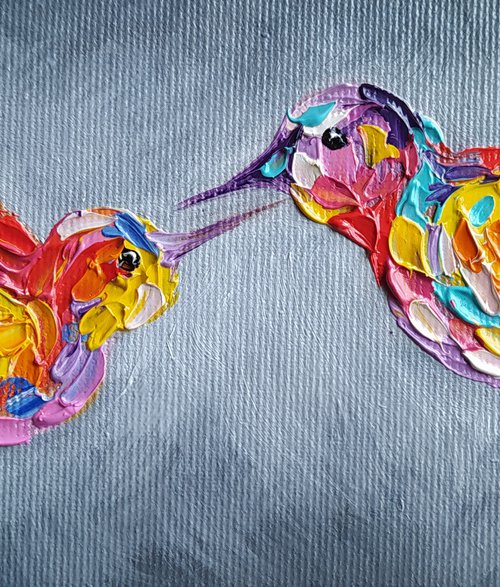 Small birds - hummingbirds, oil painting, hummingbird, birds, love, animals oil painting, art bird, impressionism, palette knife, gift. by Anastasia Kozorez