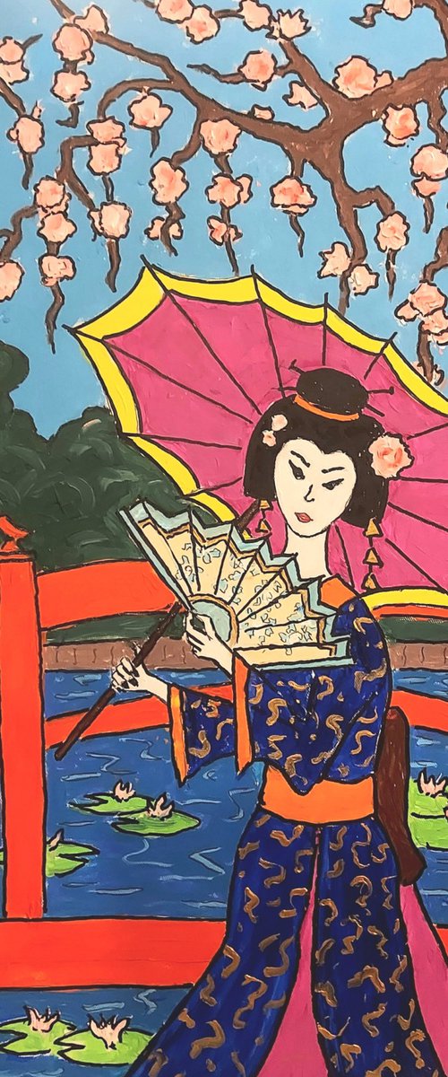 geisha on red bridge by Colin Ross Jack