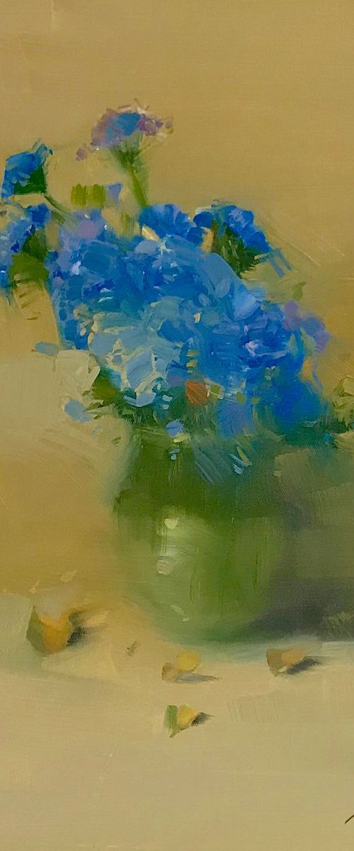 Blue Flowers, Oil painting, One of a kind, Handmade artwork by Vahe Yeremyan