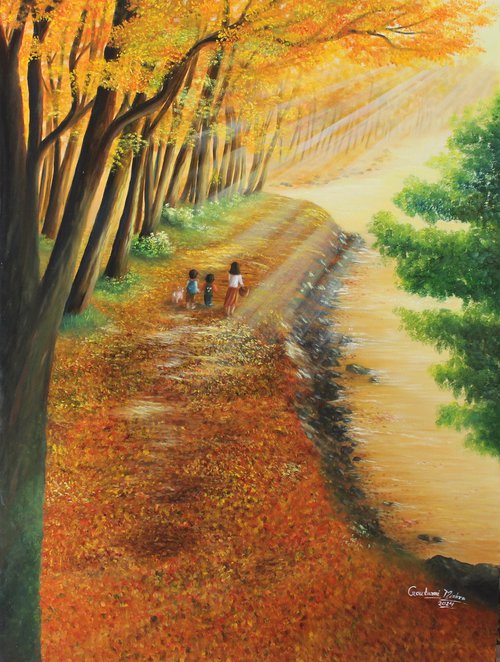 Forest Sunlight Path - Landscape painting by Goutami Mishra