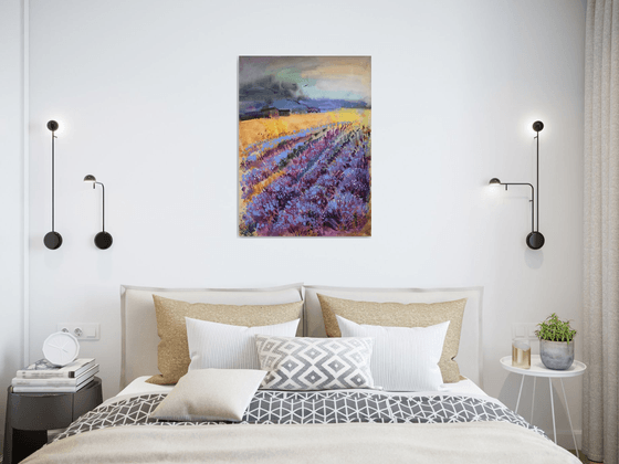 Lavender field. Abstract landscape with lavender field. Very peri painting