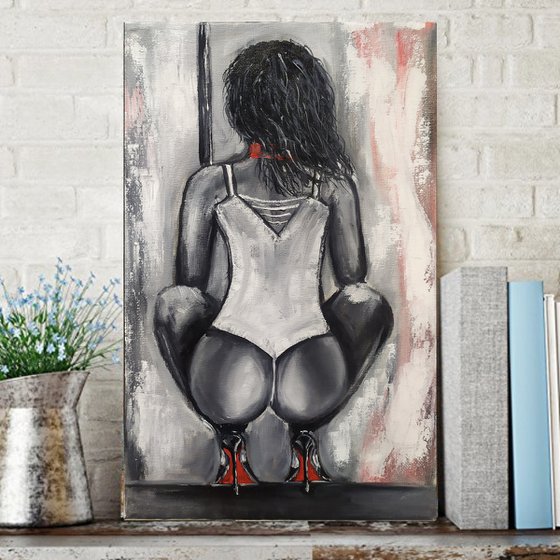 Erotic dance, nude black and white gestural girl oil painting, gift idea