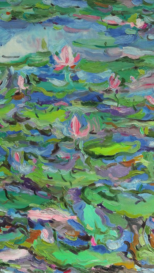 PINK LOTUS - floral landscape, original oil painting, waterscape, water lily pond, waterlilies, large size 146x196 cm by Karakhan