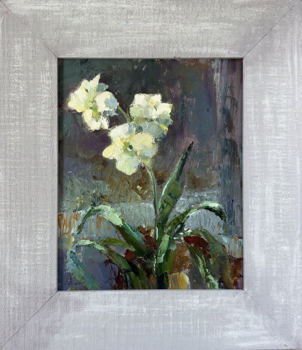Impressionistic Botanical Oil Painting By Olha Laptieva, 10 X 12", Small White Flower, Original Artwork