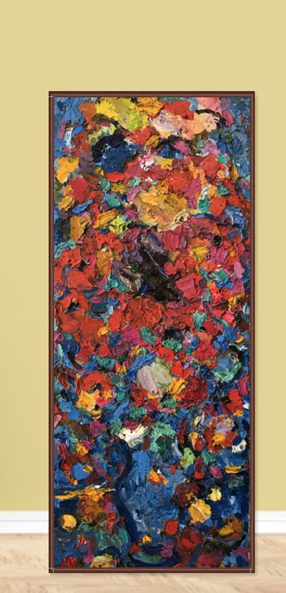 BOUQUET - Still life with flowers, original painting, oil on canvas, long, red blue, interior art home decor, redy to hang, 100x40