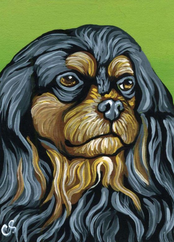 ACEO ATC Original Painting King Charles Cavalier Pet Dog Art-Carla Smale