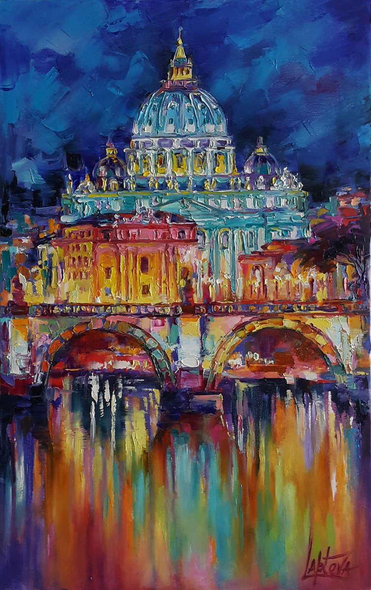 Rome in the evening ,  cityscape , painting  italy cityscape, Vatican, St. Angel's Bridge