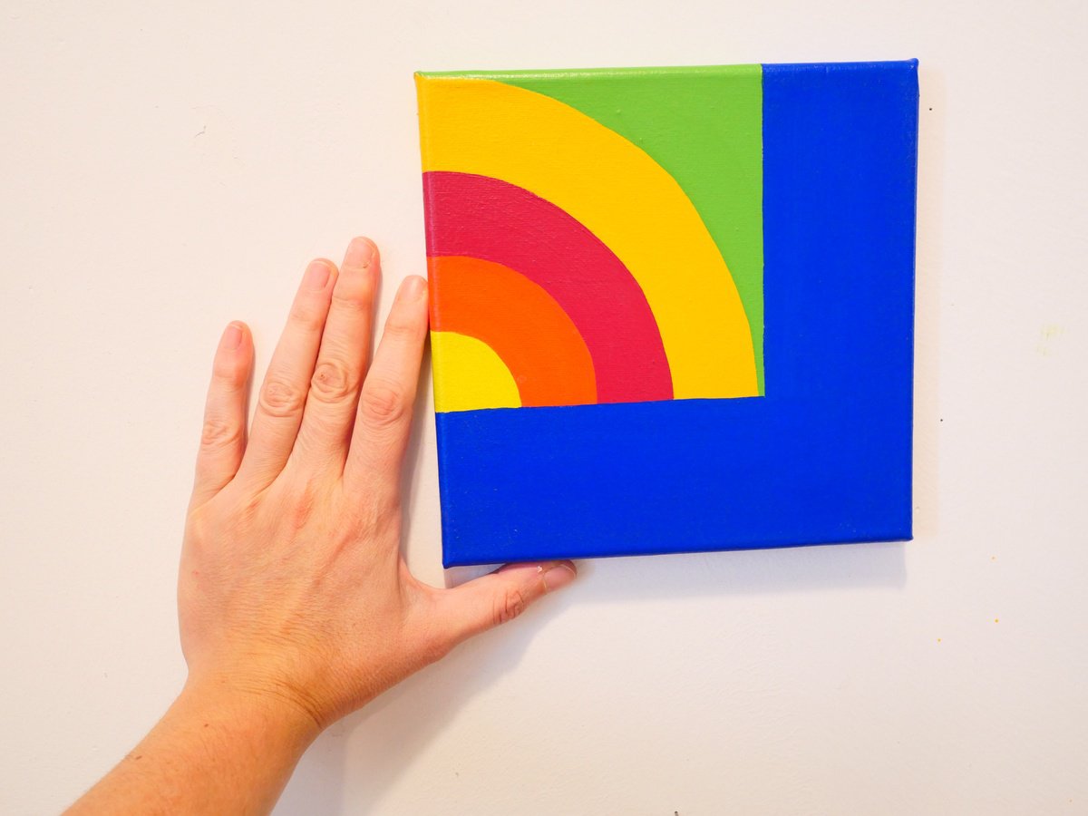 Geometric Cityscapes Acrylic Painting By Jessica Moritz, 8 X 8, Somewhere Over The Rainbow, Let