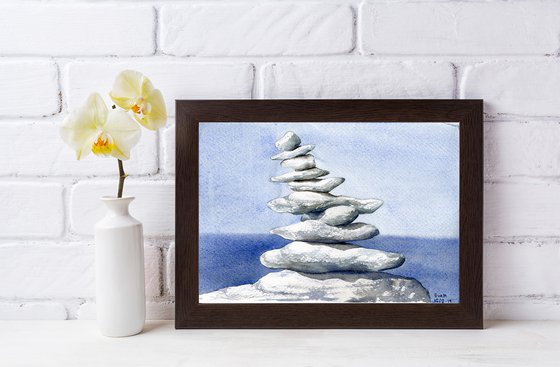 Pyramid of stones. Original watercolor artwork.