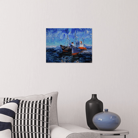 Palette knife oil painting Two Ships in Reykjavik port Iceland