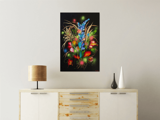 35.4" Night Flowers, Floral Painting