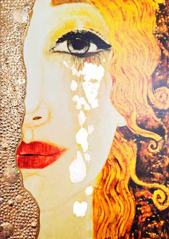 Golden Tears - original woman face art, fine art female portrait, mixed media painting