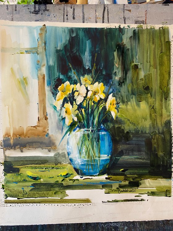 Watercolor “Still life with daffodils” perfect gift