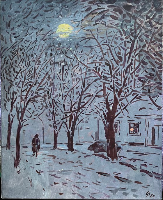 Artwork Moon Winter evening in the city, original acrylic painting from Ukraine
