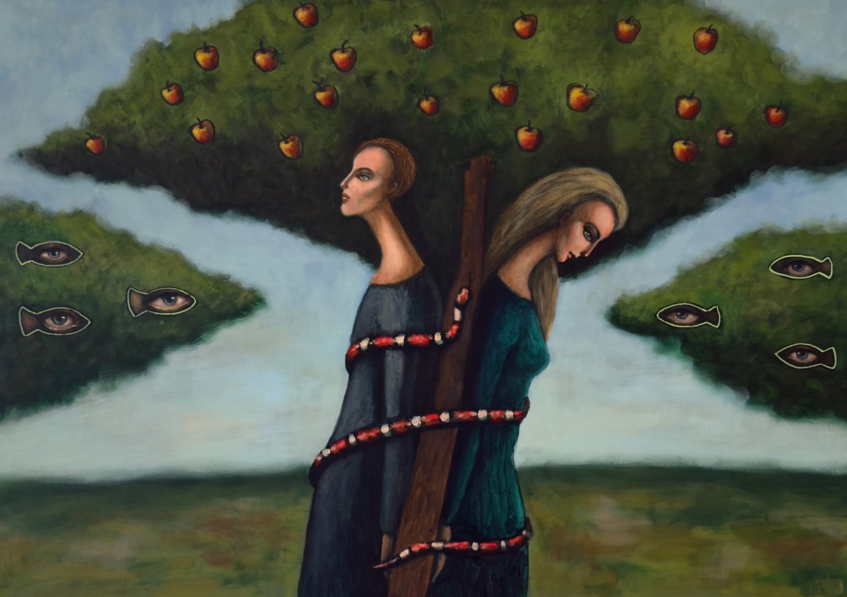 Surrealistic Portrait Acrylic Painting By Nikola Gulev, 39 X 28", "Original Sin", Original Artwork