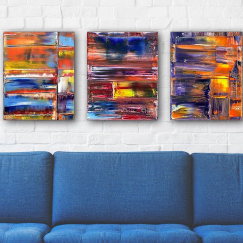 "Intermediary" - FREE USA SHIPPING - Original PMS Abstract Triptych Oil Paintings On Canvas - 48" x 20" by Preston M. Smith (PMS)
