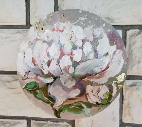 Peonies flowers painting on round canvas, Textural white floral painting