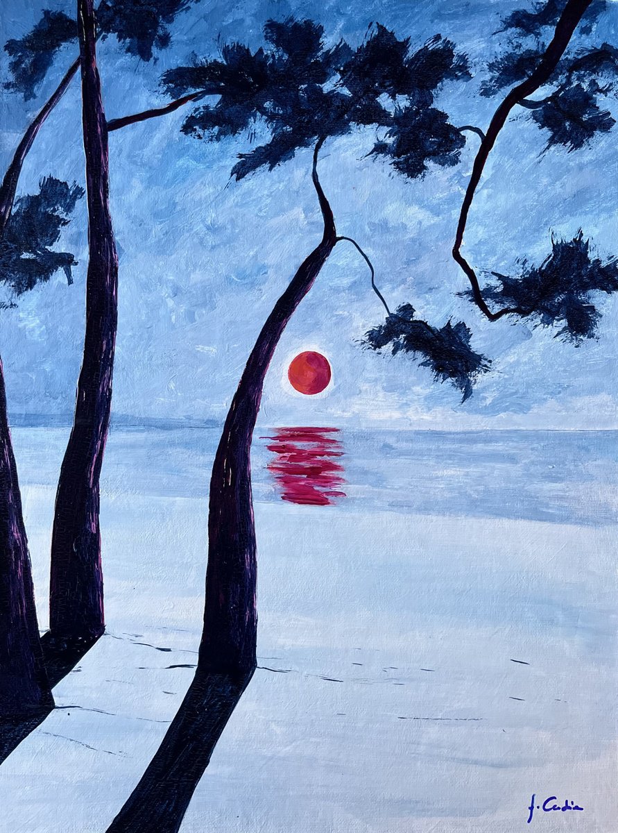  Red Sun At Cap Coz By Cadiou Frederic, 12 X 16, Artwork For Sale On Artfinder