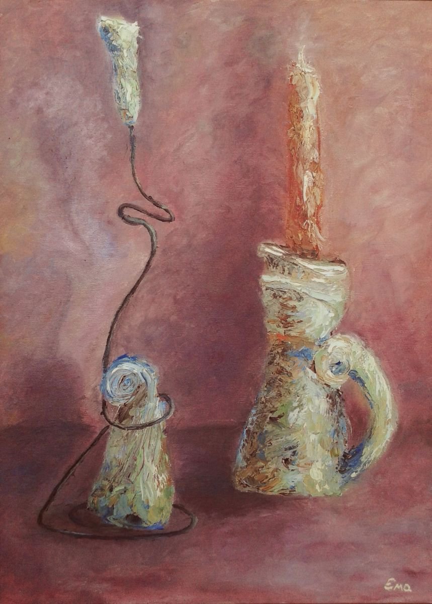 TALK, mauve white candle holders impressionistic still life by Emilia Milcheva