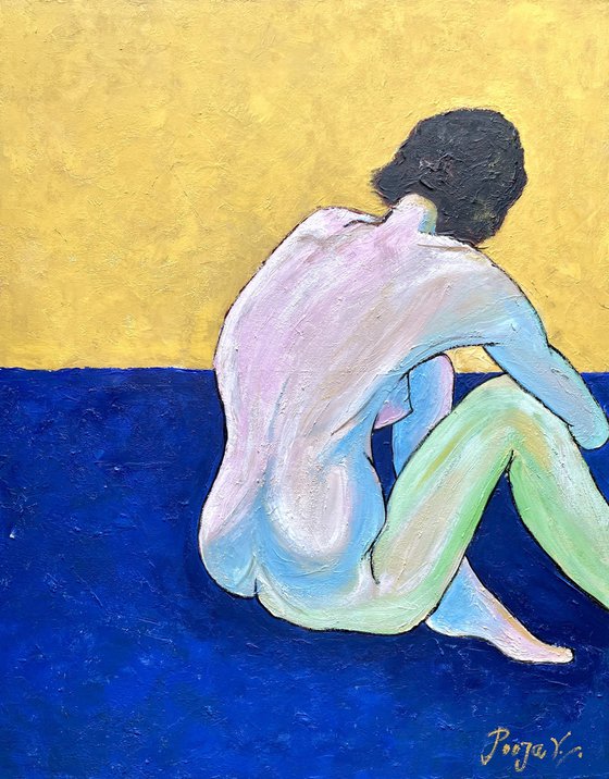 Sitting Nude - Figurative Diptych oil painting