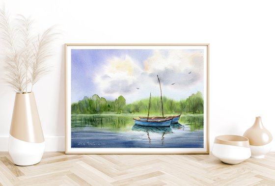 Sailing boats on a river original watercolor artwork , farmhouse decor, cloudy landscape