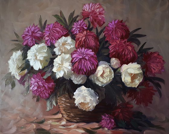 Flowers in the basket (100x80cm, oil painting, palette knife)