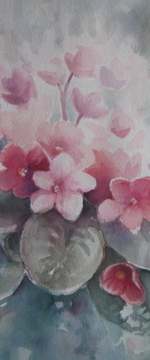 Spring flowers - pink violets, 32 x 30 cm by Elena Oleniuc
