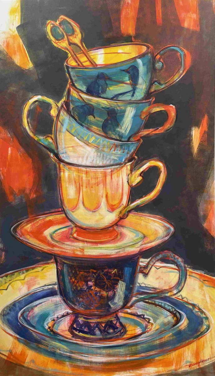 Expressive Still Life Acrylic Painting By Olga David, 31 X 55", Lieblingstasse Gesucht, Original Artwork