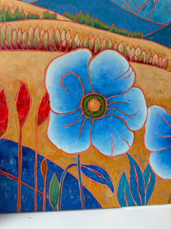 Blue poppies and mountain