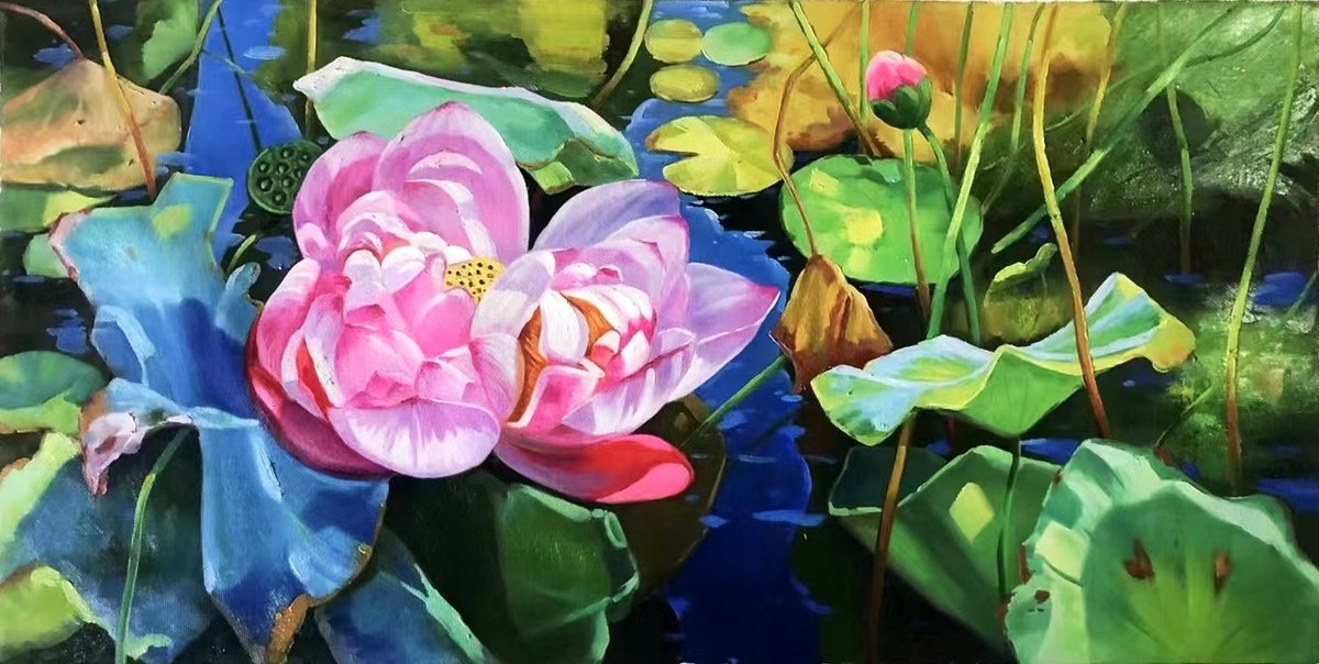 Still life oil painting:Lotus c086 by Kunlong Wang