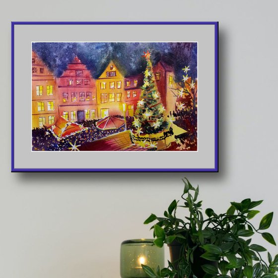 German Christmas Market Watercolor Painting Warm Lights Winter