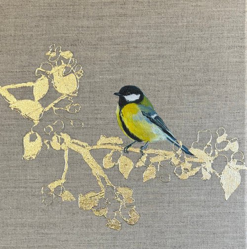 Great Tit On Gold Leaf Blossoms by Hannah  Bruce