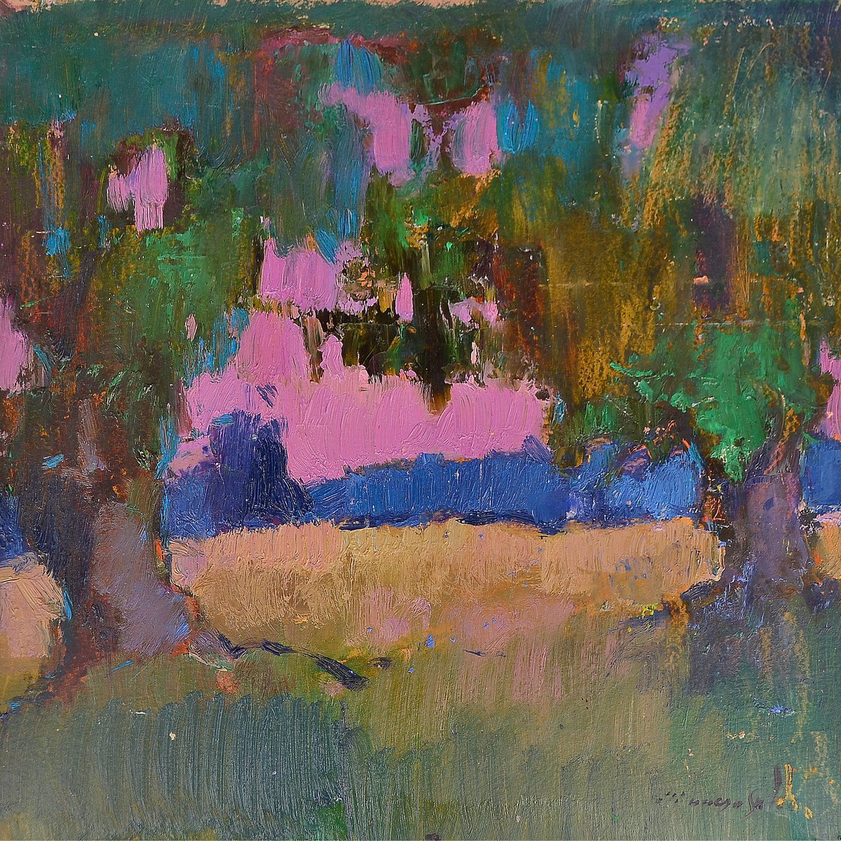 Impressionistic Landscape Oil Painting By Alexander Shandor, 16 X 15, Between The Trees, Original Artwork