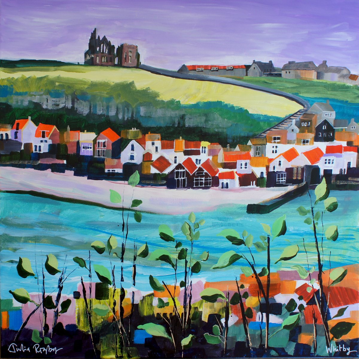 Impressionistic Landscape Acrylic Painting By Julia Rigby, 24 X 24", Whitby Abbey, Original Artwork