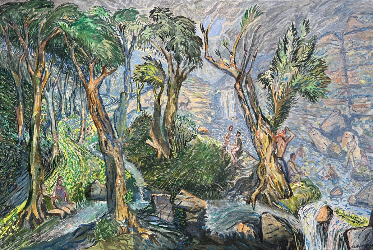 Impressionistic Landscape Oil Painting By Frank Creber, 36 X 24, Wild Swimming At Drumlanrig, Original Artwork