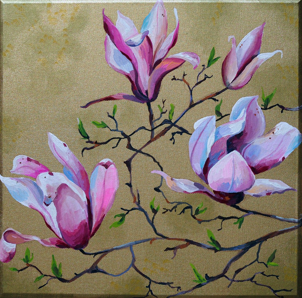 Impressionistic Botanical Acrylic Painting By Delnara El, 12 X 12, Magnolia On Gold, Original Artwork