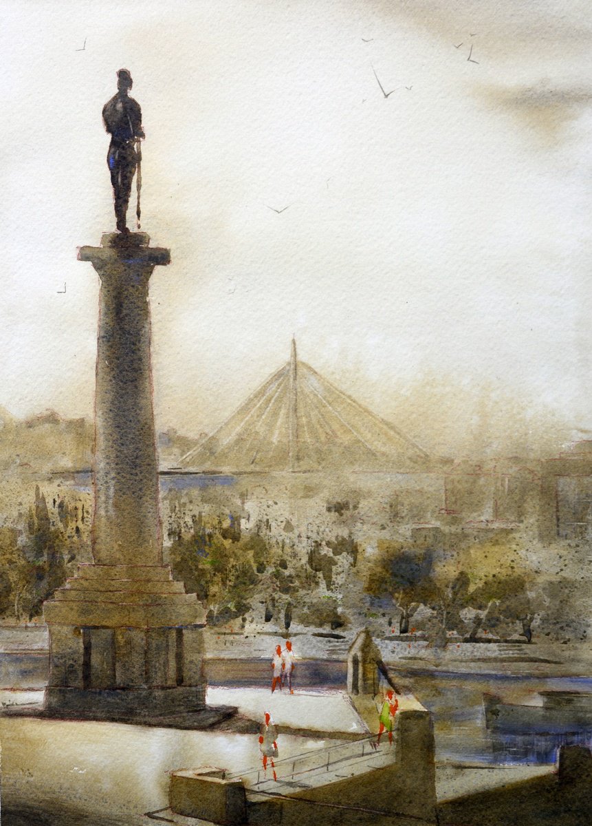 Impressionistic Cityscapes Watercolour By Nenad Kojic, 11 X 15", The Winner Statue And Ada Brid, Original Artwork