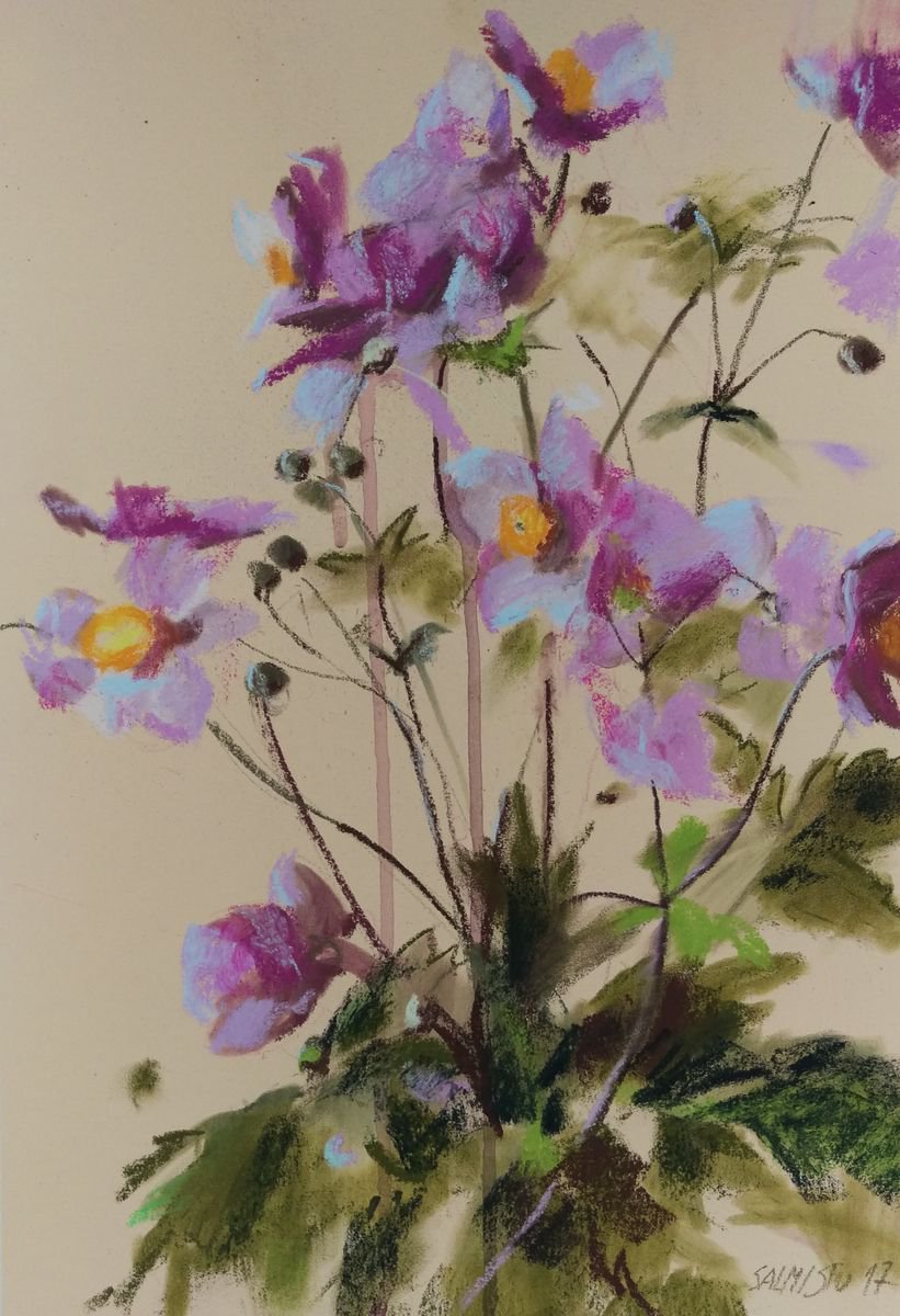 Impressionistic Botanical Pastel Drawing By Silja Salmistu, 10 X 15", Windflowers, Original Artwork