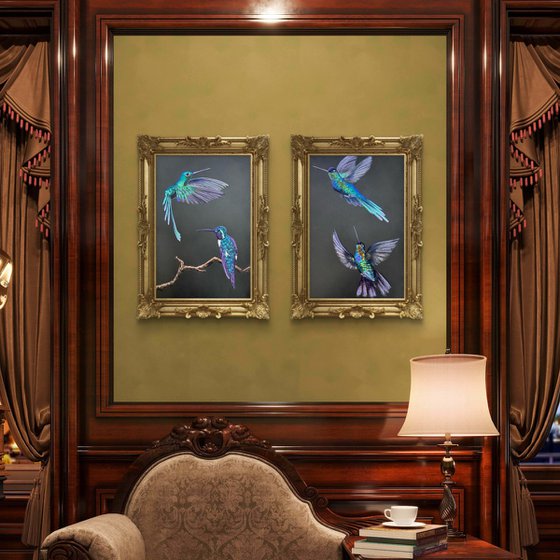 Colibri Flowers Diptych Pastel