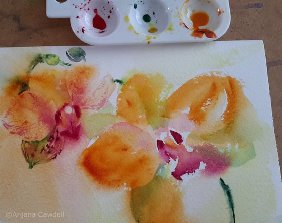 Original orchid painting, golden orchid