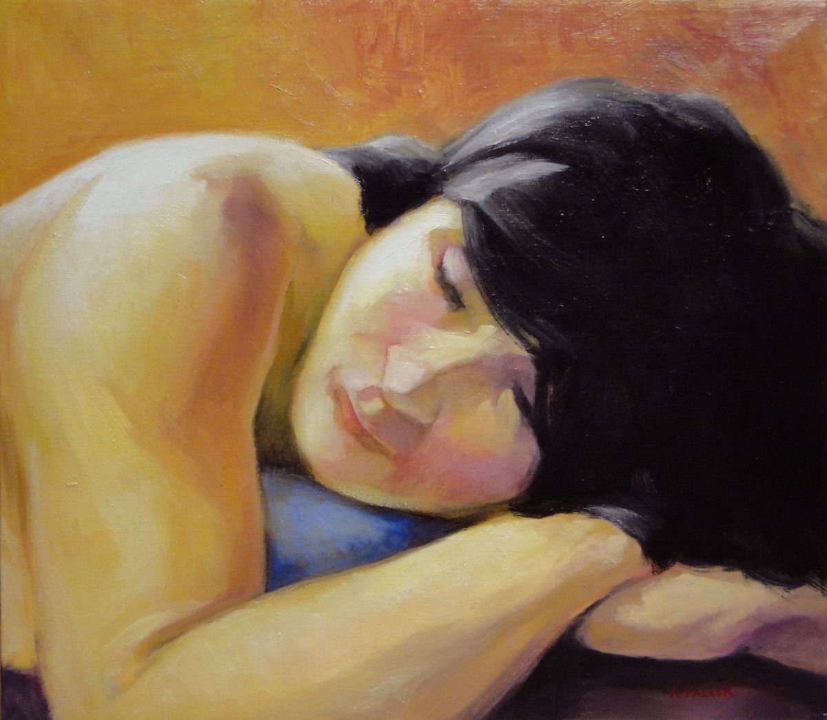 Portrait Oil Painting By Rick Paller, 16 X 14", Sleeping, Original Artwork