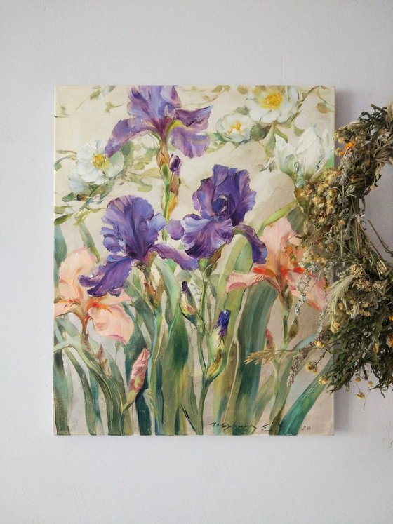 Irises and wild rose on silver. Original oil painting