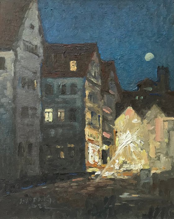 Original Oil Painting Wall Art Signed unframed Hand Made Jixiang Dong Canvas 25cm × 20cm Cityscape One Night in Tübingen Small Impressionism Impasto