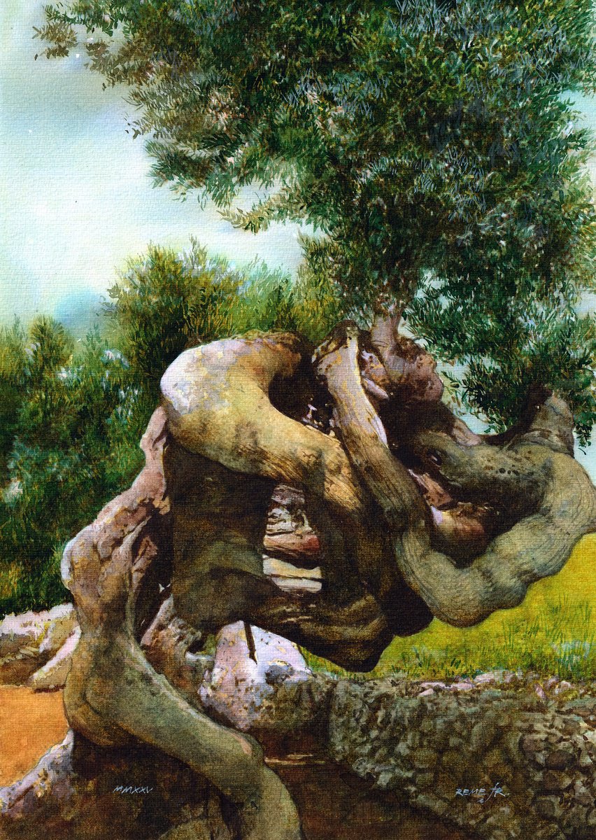 Photorealistic Landscape Watercolour By Reme Jr., 10 X 14", Olive Tree On Greek Island, Original Artwork