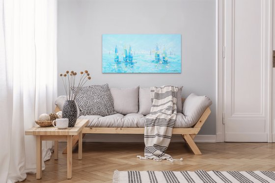 FREEDOM. Sailboats Regatta Modern Seascape Coastal Painting