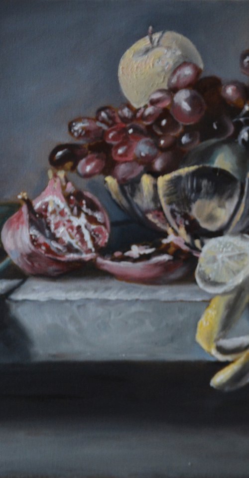 Flemish stillife with grapes, pommegranate, tulip and lemon flemish Still Life Dutch Art Wall Decoration realistic painting Gift idea Love grapes Apple flowers dark backround by Anna Brazhnikova