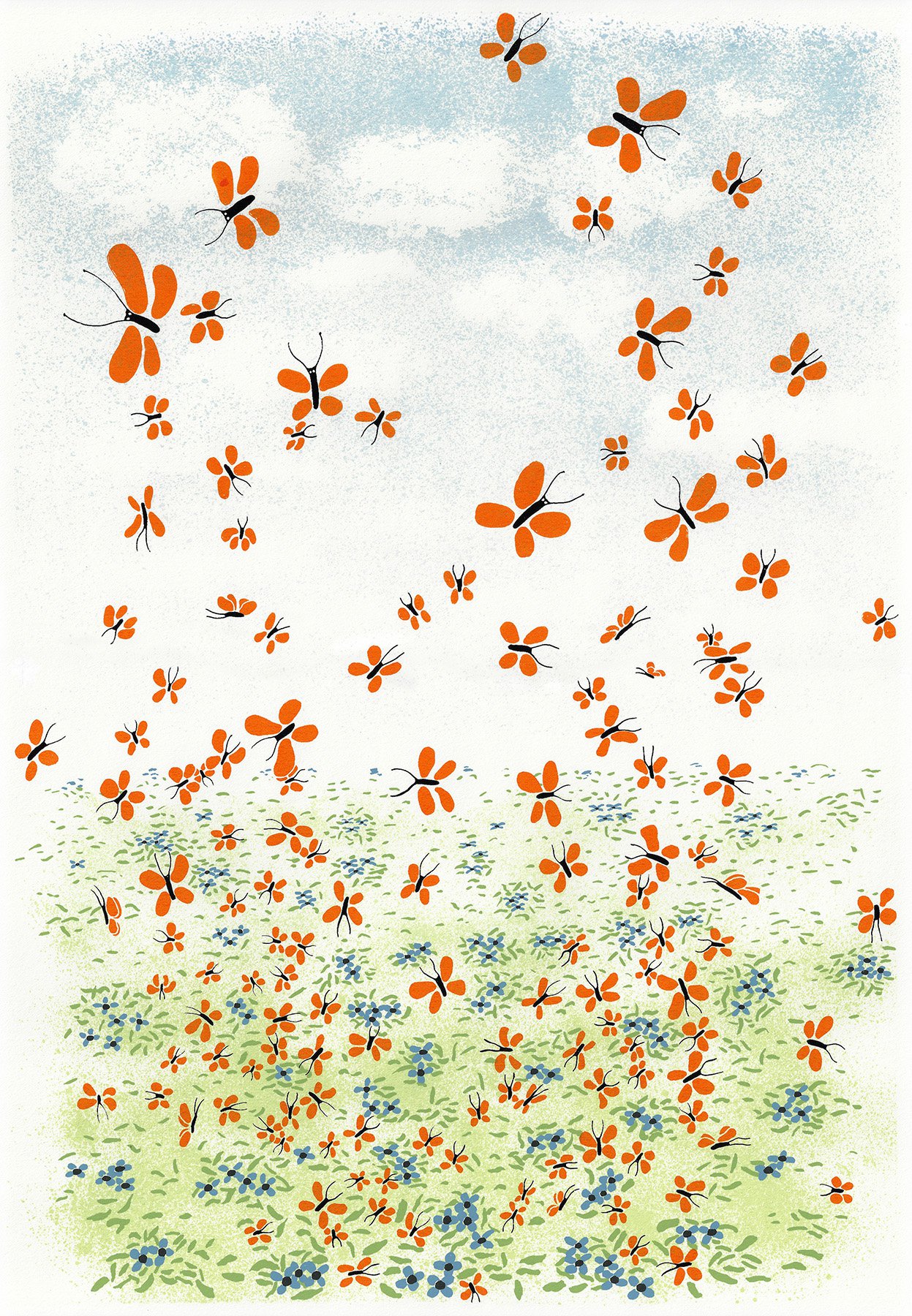 Impressionistic Landscape Screenprint By Francis Stanton, 15 X 22, Butterflies, Original Artwork