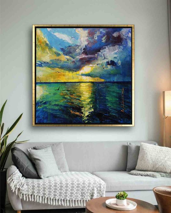 Semi Abstract Seascape with Sunset and Seagulls, Original Acrylic Painting on Canvas, Sunset Impressionist Painting, Expressive Brush Strokes, Textured Painting, Gestural Style