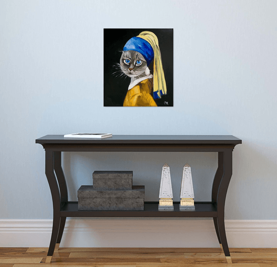 British blue Cat with the pearl earring #2 inspired by Vermeer painting feline art for cat lovers gift idea